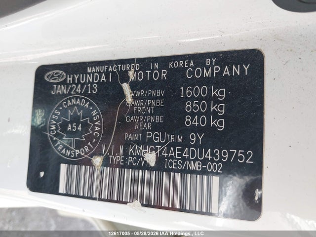 12617005 :رقم المزاد ، KMHCT4AE4DU439752 vin ، 2013 Hyundai Accent Gl مزاد بيع