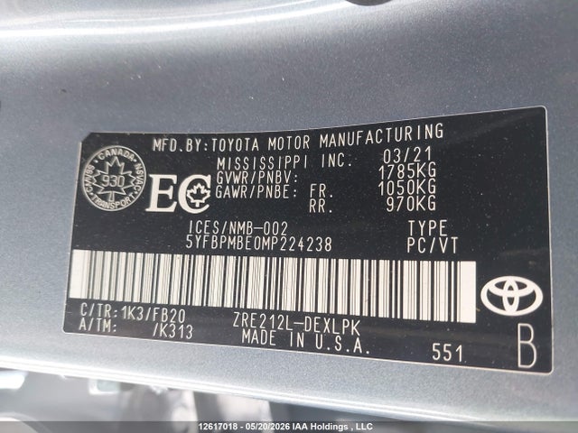 Продажа на аукционе авто 2021 Toyota Corolla Le, vin: 5YFBPMBE0MP224238, номер лота: 12617018