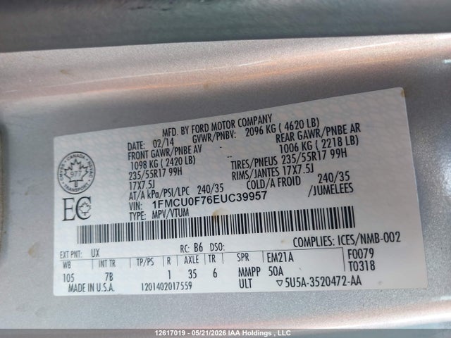 12617019 :رقم المزاد ، 1FMCU0F76EUC39957 vin ، 2014 Ford Escape S مزاد بيع