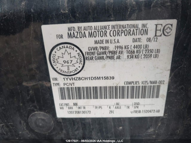 Продаж на аукціоні авто 2013 Mazda Mazda6 Gt-i4, vin: 1YVHZ8CH1D5M15839, номер лоту: 12617021