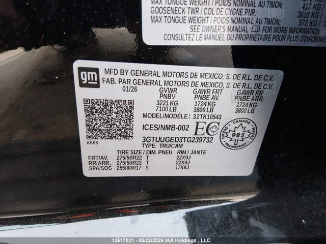 12617031 :رقم المزاد ، 3GTUUGED3TG239732 vin ، 2026 Gmc Sierra 1500 , Short Bed, Denali, 4wd مزاد بيع
