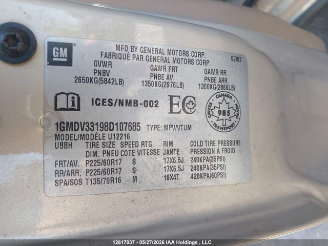 12617037 :رقم المزاد ، 1GMDV33198D107685 vin ، 2008 Pontiac Montana Sv6 Uplevel مزاد بيع