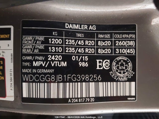 12617041 :رقم المزاد ، WDCGG8JB1FG398256 vin ، 2015 Mercedes-benz Glk 350 4matic مزاد بيع