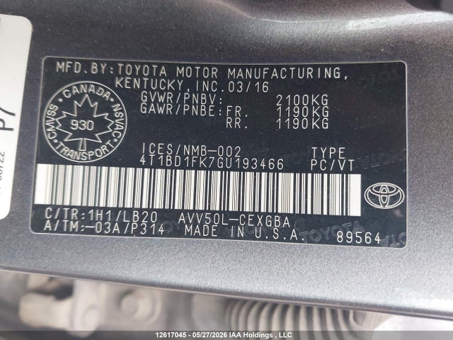 2016 Toyota Camry Se მანქანა იყიდება აუქციონზე, vin: 4T1BD1FK7GU193466, აუქციონის ნომერი: 12617045