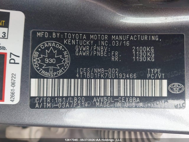 2016 Toyota Camry Se მანქანა იყიდება აუქციონზე, vin: 4T1BD1FK7GU193466, აუქციონის ნომერი: 12617045