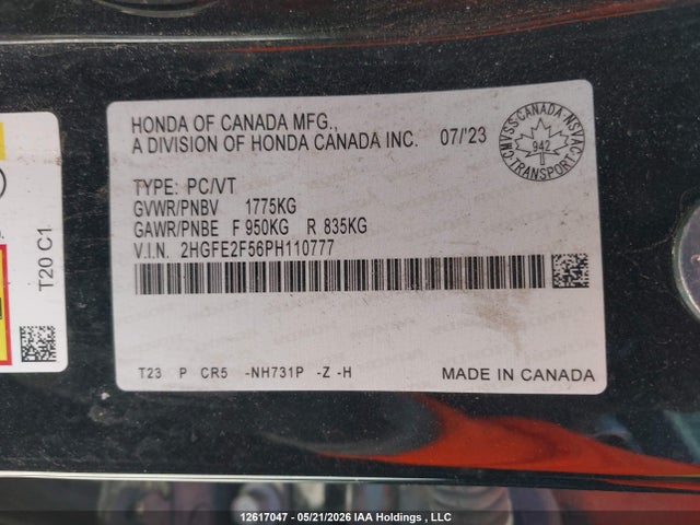 2023 Honda Civic Sport/sport-b მანქანა იყიდება აუქციონზე, vin: 2HGFE2F56PH110777, აუქციონის ნომერი: 12617047