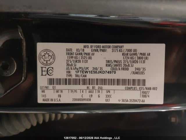 2018 Ford F-150 Xlt მანქანა იყიდება აუქციონზე, vin: 1FTEW1E50JKD74970, აუქციონის ნომერი: 12617052