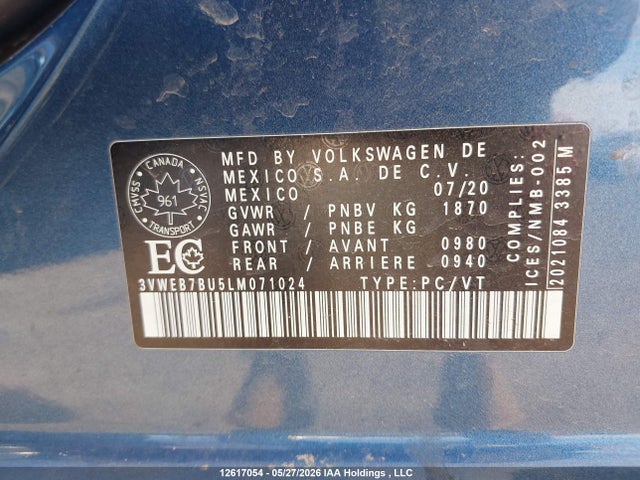 2020 Volkswagen Jetta Sel მანქანა იყიდება აუქციონზე, vin: 3VWEB7BU5LM071024, აუქციონის ნომერი: 12617054