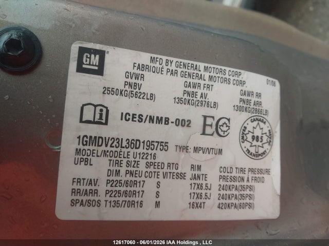 2006 Pontiac Montana Sv6 Sv6 მანქანა იყიდება აუქციონზე, vin: 1GMDV23L36D195755, აუქციონის ნომერი: 12617060