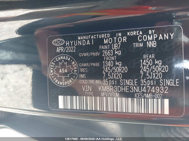 12617068 :رقم المزاد ، KM8R3DHE3NU474932 vin ، 2022 Hyundai Palisade Sel مزاد بيع