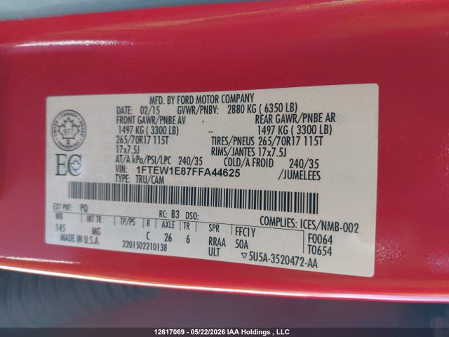 Продажа на аукционе авто 2015 Ford F-150 Xlt, vin: 1FTEW1E87FFA44625, номер лота: 12617069