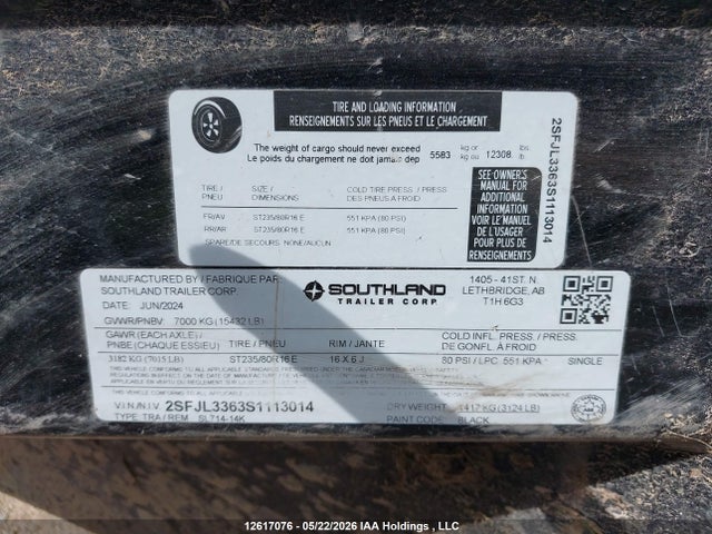 Продаж на аукціоні авто 2025 Southland Trailer, vin: 2SFJL3363S1113014, номер лоту: 12617076