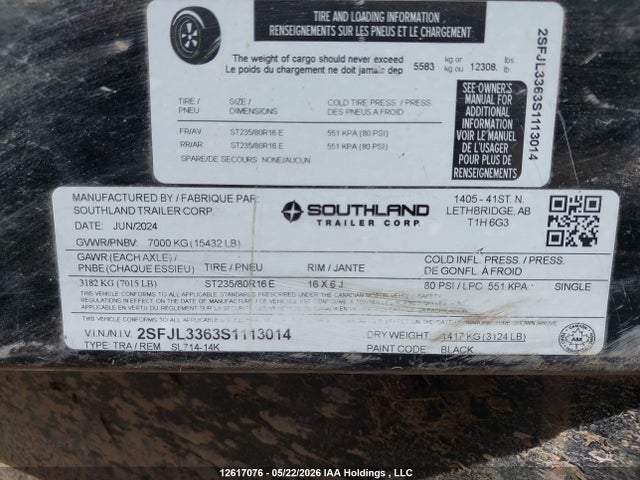 Продаж на аукціоні авто 2025 Southland Trailer, vin: 2SFJL3363S1113014, номер лоту: 12617076