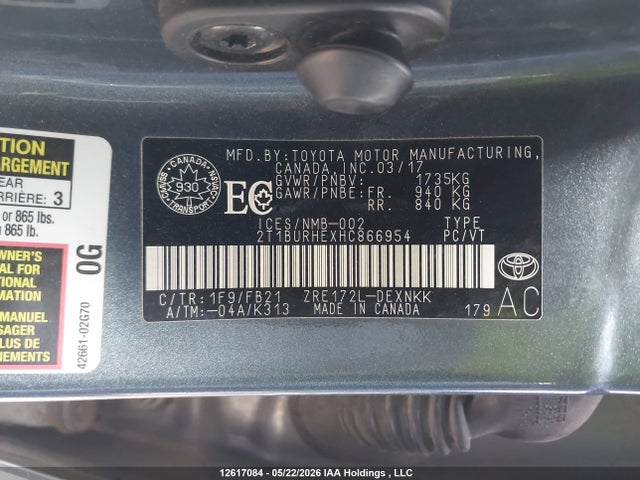 2017 Toyota Corolla L/le/xle/se/xse მანქანა იყიდება აუქციონზე, vin: 2T1BURHEXHC866954, აუქციონის ნომერი: 12617084