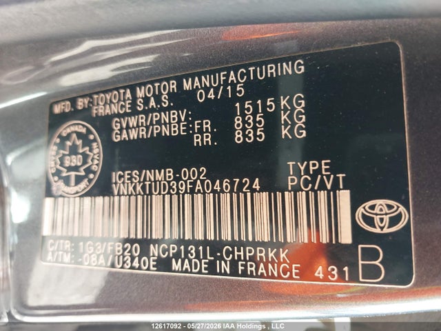 12617092 :رقم المزاد ، VNKKTUD39FA046724 vin ، 2015 Toyota Yaris Le مزاد بيع