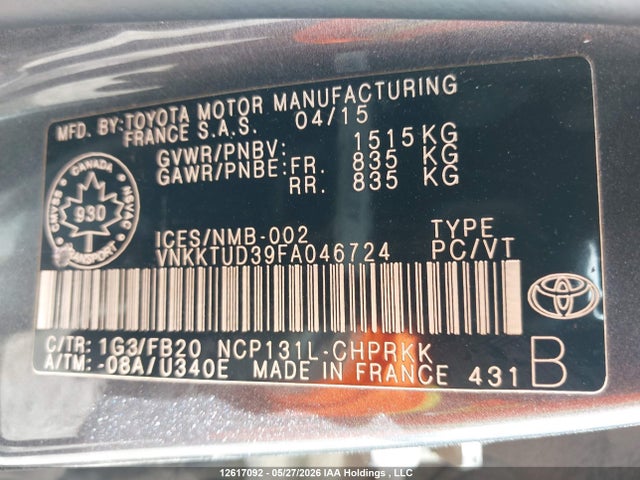 12617092 :رقم المزاد ، VNKKTUD39FA046724 vin ، 2015 Toyota Yaris Le مزاد بيع