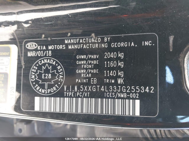 12617099 :رقم المزاد ، 5XXGT4L33JG255342 vin ، 2018 Kia Optima Lx/lx+ مزاد بيع