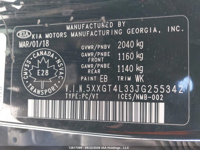 12617099 :رقم المزاد ، 5XXGT4L33JG255342 vin ، 2018 Kia Optima Lx/lx+ مزاد بيع