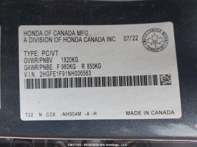 Honda Civic 2022 2HGFE1F91NH006563 Image 9