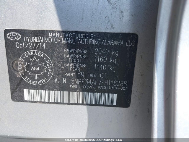 12617110 :رقم المزاد ، 5NPE34AF7FH118288 vin ، 2015 Hyundai Sonata مزاد بيع
