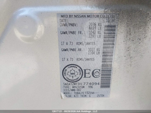 12617121 :رقم المزاد ، 5N1AT2MT3FC774094 vin ، 2015 Nissan Rogue مزاد بيع