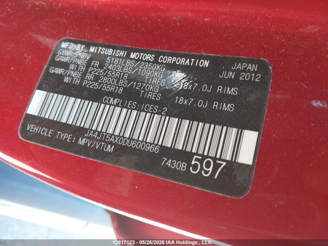 Продаж на аукціоні авто 2013 Mitsubishi Outlander Gt, vin: JA4JT5AX0DU600966, номер лоту: 12617123