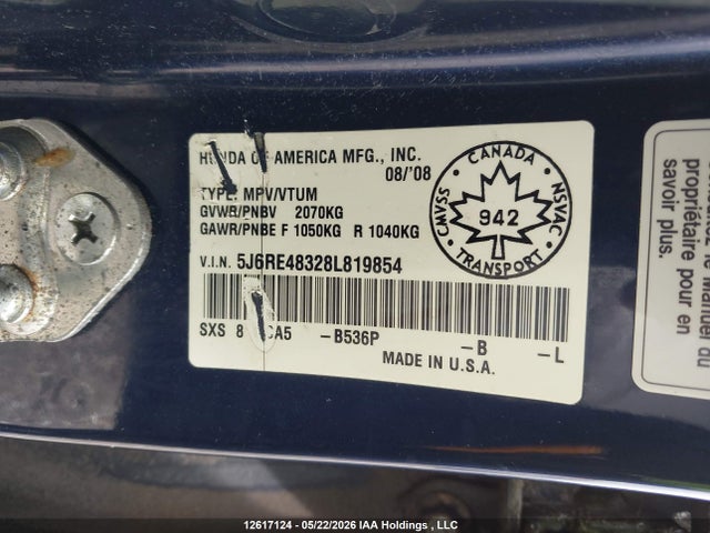 Aukcja sprzedaży 2008 Honda Cr-v Lx, vin: 5J6RE48328L819854, numer aukcji: 12617124