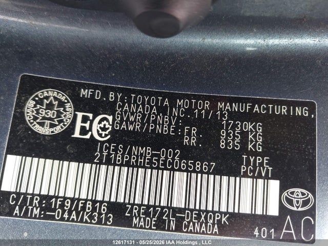 12617131 :رقم المزاد ، 2T1BPRHE5EC065867 vin ، 2014 Toyota Corolla مزاد بيع