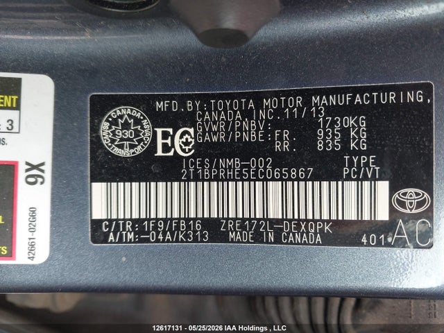 12617131 :رقم المزاد ، 2T1BPRHE5EC065867 vin ، 2014 Toyota Corolla مزاد بيع