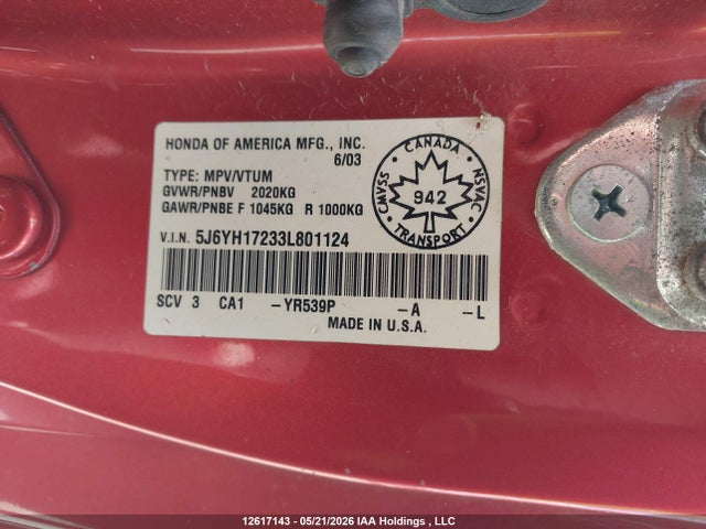 Продаж на аукціоні авто 2003 Honda Element, vin: 5J6YH17233L801124, номер лоту: 12617143