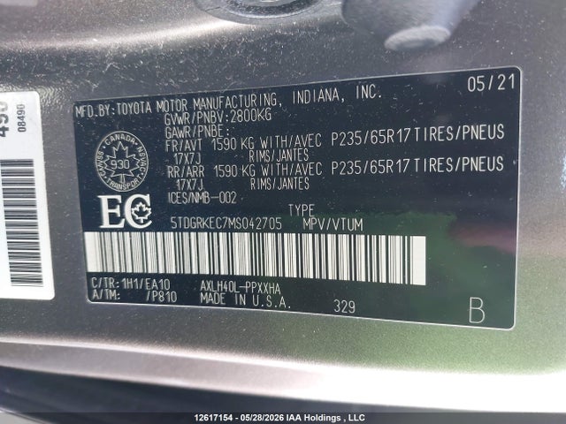 2021 Toyota Sienna Xle 8-passenger მანქანა იყიდება აუქციონზე, vin: 5TDGRKEC7MS042705, აუქციონის ნომერი: 12617154