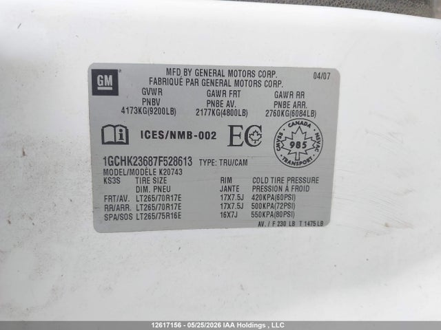 2007 Chevrolet Silverado K2500 Heavy Duty მანქანა იყიდება აუქციონზე, vin: 1GCHK23687F528613, აუქციონის ნომერი: 12617156