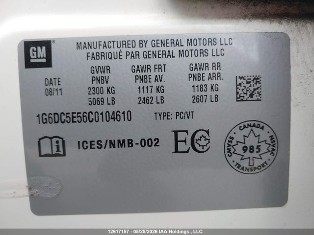 12617157 :رقم المزاد ، 1G6DC5E56C0104610 vin ، 2012 Cadillac Cts مزاد بيع