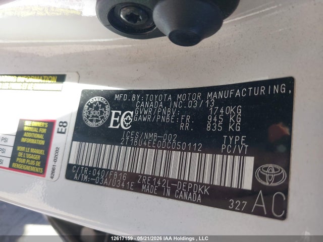 12617159 :رقم المزاد ، 2T1BU4EE0DC050112 vin ، 2013 Toyota Corolla Ce مزاد بيع