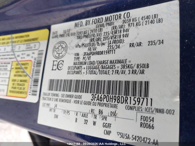 Продажа на аукционе авто 2013 Ford Fusion Se, vin: 3FA6P0H98DR159711, номер лота: 12617168