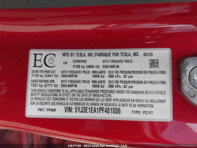 5YJ3E1EA1PF481006 Tesla MODEL 3