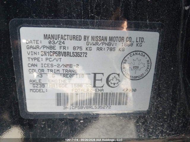 2024 Nissan Kicks S მანქანა იყიდება აუქციონზე, vin: 3N1CP5BV8RL535272, აუქციონის ნომერი: 12617174