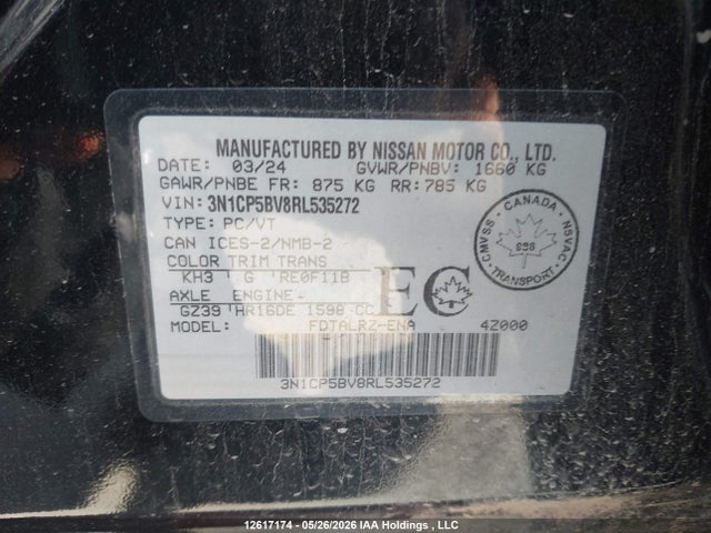 2024 Nissan Kicks S მანქანა იყიდება აუქციონზე, vin: 3N1CP5BV8RL535272, აუქციონის ნომერი: 12617174