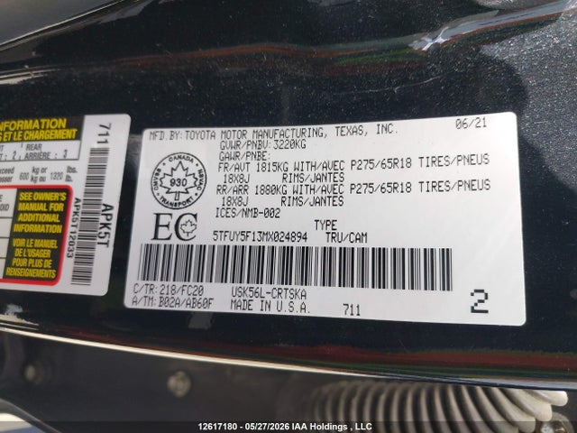 2021 Toyota Tundra მანქანა იყიდება აუქციონზე, vin: 5TFUY5F13MX024894, აუქციონის ნომერი: 12617180