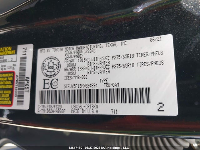 2021 Toyota Tundra მანქანა იყიდება აუქციონზე, vin: 5TFUY5F13MX024894, აუქციონის ნომერი: 12617180