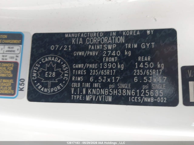 12617183 :رقم المزاد ، KNDNB5H38N6125635 vin ، 2022 Kia Carnival Lx مزاد بيع