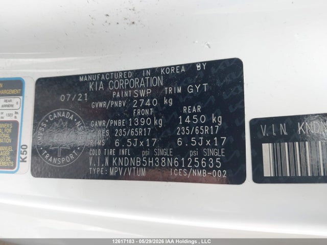 12617183 :رقم المزاد ، KNDNB5H38N6125635 vin ، 2022 Kia Carnival Lx مزاد بيع