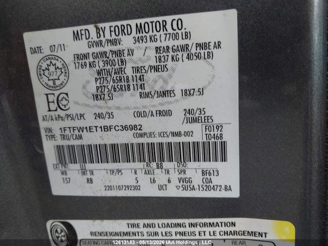 Продажа на аукционе авто 2011 Ford F-150 Fx4, vin: 1FTFW1ET1BFC36982, номер лота: 12613183
