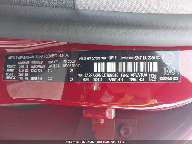 Продаж на аукціоні авто 2018 Alfa Romeo Stelvio, vin: ZASFAKPN9J7B98615, номер лоту: 12617196