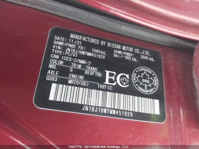 JN1BJ1BW7MW451929 Nissan Qashqai S/sl/sv