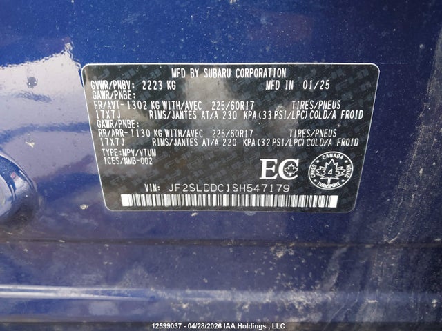 12599037 :رقم المزاد ، JF2SLDDC1SH547179 vin ، 2025 Subaru Forester Touring مزاد بيع