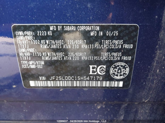 12599037 :رقم المزاد ، JF2SLDDC1SH547179 vin ، 2025 Subaru Forester Touring مزاد بيع
