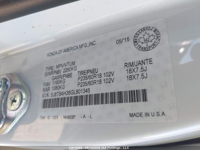 12610886 :رقم المزاد ، 5J8TB4H38GL801346 vin ، 2016 Acura Rdx مزاد بيع