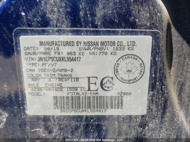 3N1CP5CUXKL554417 Nissan Kicks S/sr/sv