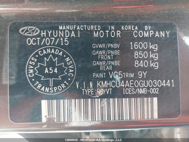 Aukcja sprzedaży 2016 Hyundai Accent Gls, vin: KMHCU4AE0GU030441, numer aukcji: 12608935